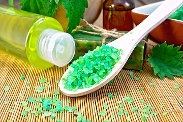 Image showing Salt and toiletries with nettles on board