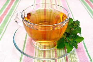 Image showing Tea with mint in cup on tablecloth