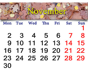 Image showing calendar for November of 2015 with yellow leaves