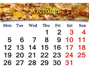 Image showing calendar for October of 2015 with yellow leaves