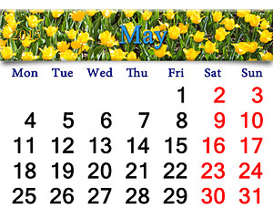Image showing calendar for May of 2015 year with yellow tulips