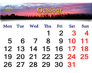 Image showing calendar for October of 2015 with pink sunset