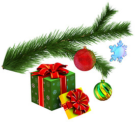 Image showing Christmas tree fir branch with gifts