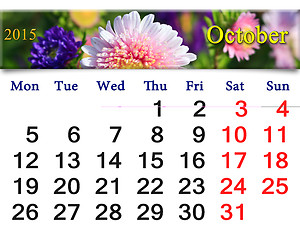 Image showing calendar for October of 2015 with the pink asters