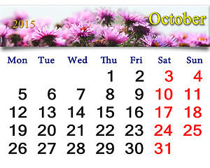 Image showing calendar for October of 2015 with the pink asters