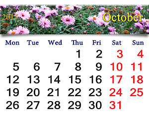 Image showing calendar for October of 2015 with the pink asters