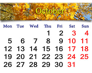 Image showing calendar for October of 2015 with yellow leaves