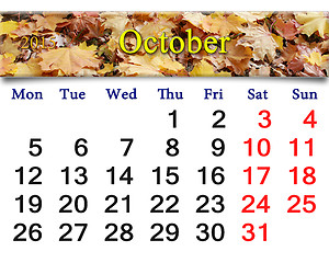 Image showing calendar for October of 2015 with yellow leaves