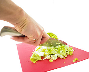 Image showing Hand cutting fresh green lettuce salad with grey metal knife on 