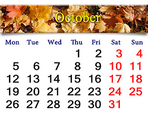 Image showing calendar for October of 2015 with yellow leaves