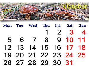 Image showing calendar for October of 2015 with Boletus badius