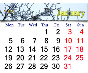 Image showing calendar for January of 2015 with winter sparrows