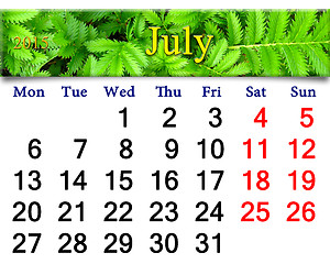 Image showing calendar for July of 2015 year with image of plant