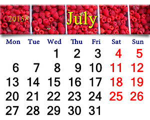 Image showing calendar for July of 2015 year with redraspberry