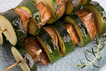 Image showing Salmon and courgette shashlik