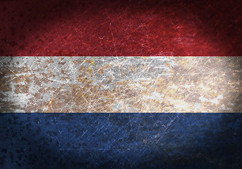 Image showing Old rusty metal sign with a flag