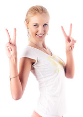 Image showing Attractive woman with victory sign