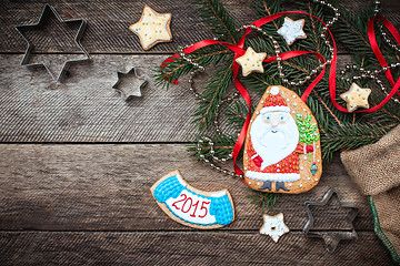 Image showing Christmas Santa Claus and New Year star cookies in rustic style