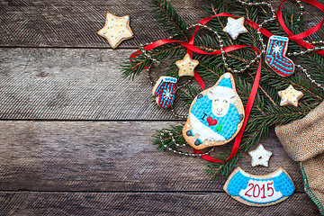 Image showing New Year 2015 sheep cookie and decoration on wood