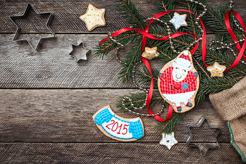 Image showing New Year 2015 and Xmas sheep cookie and pastry on wood