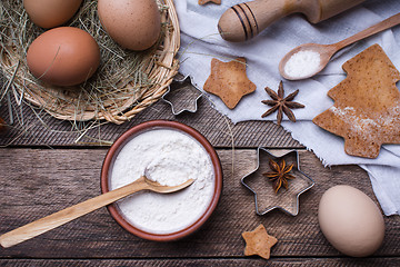 Image showing Flour and eggs for Christmas pastry and holiday cookies 