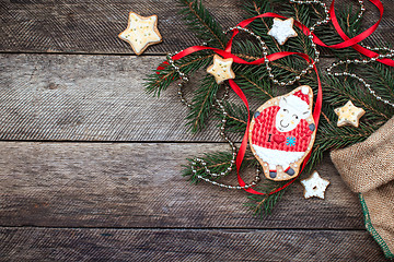 Image showing New Year 2015 sheep cookie and pastry on wood