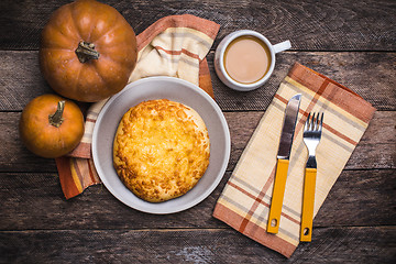 Image showing Lunch coffee with flatbread and pumpkins on wooden table