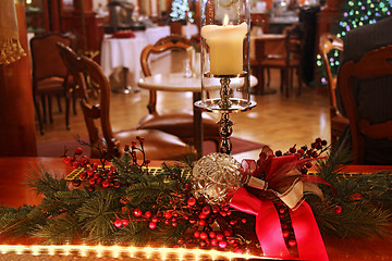 Image showing Christmas decoration with burning candle