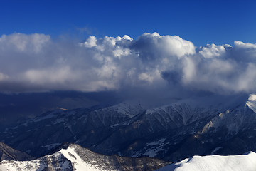 Image showing Top view on off-piste slope in sun day