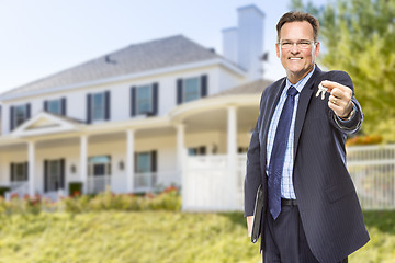 Image showing Real Estate Agent with House Keys in Front of Home