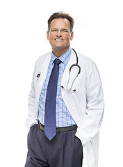 Image showing Smiling Male Doctor in Lab Coat with Stethoscope on White