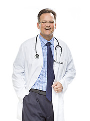 Image showing Smiling Male Doctor in Lab Coat with Stethoscope on White