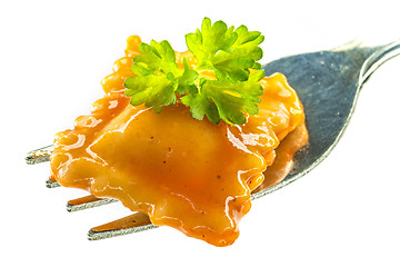 Image showing Ravioli with fork