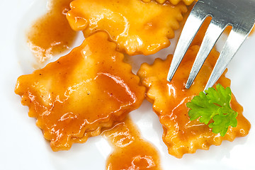 Image showing Ravioli with fork