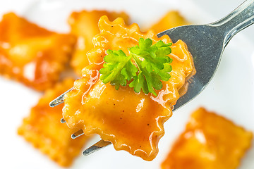 Image showing Ravioli with fork