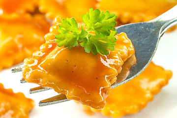 Image showing Ravioli with fork