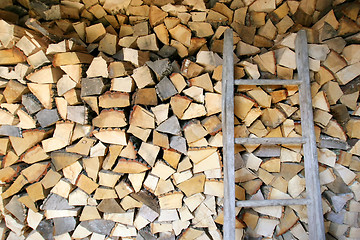 Image showing Pile of firewood store in shed