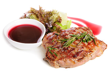 Image showing Grilled steaks and vegetable salad