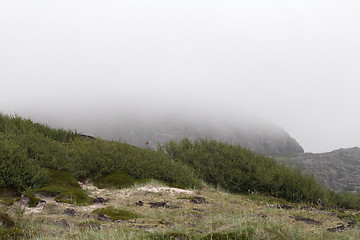 Image showing air stream of fog through mountains. polar circle