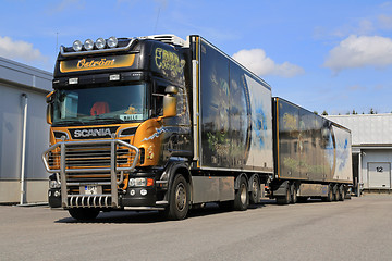 Image showing Accessorized Scania V8 Full Trailer Truck Transports Frozen Food