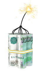 Image showing Dynamite composed of ruble bills with a burning wick