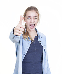 Image showing youthful girl thumbs up
