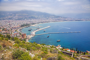 Image showing Alanya city hill, city coast, view from castle. Turkey