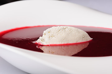 Image showing Raspberry soup with mascarpone