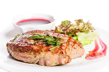 Image showing Grilled steaks and vegetable salad