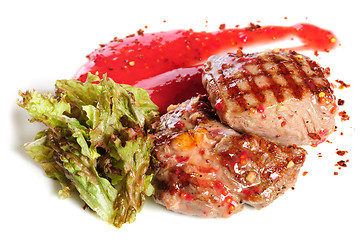 Image showing Grilled steaks and vegetable salad