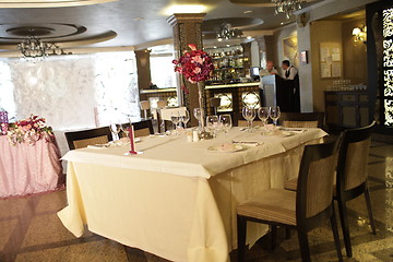 Image showing Wedding served decorated tables