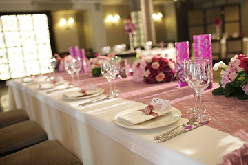 Image showing Wedding served decorated tables