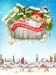 Image showing Wooden banner with Christmas Fur-tree branches.