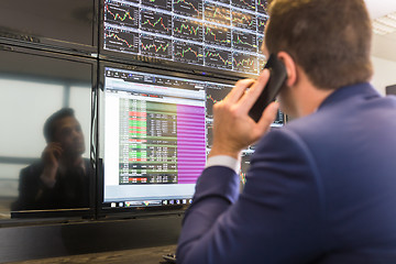 Image showing Stock trader looking at computer screens.